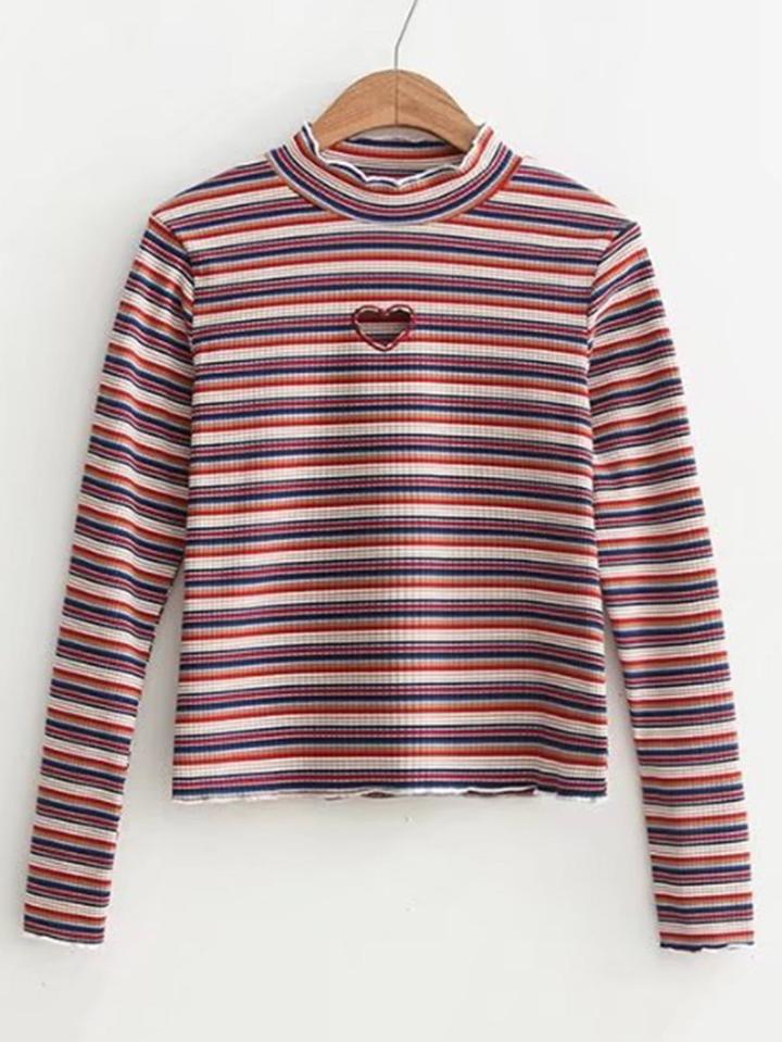 Romwe Heart Cutout Striped Tee