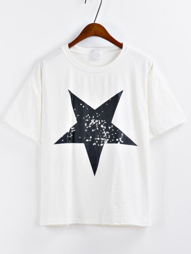 Romwe Star Print White T-shirt