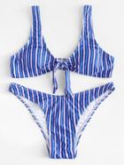 Romwe Striped Knot Front Bikini Set
