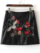 Romwe Black Floral Embroidery Pu Skirt