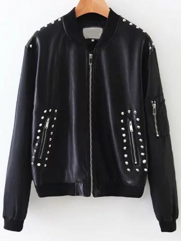 Romwe Black Embroidery Studded Pu Jacket With Zipper