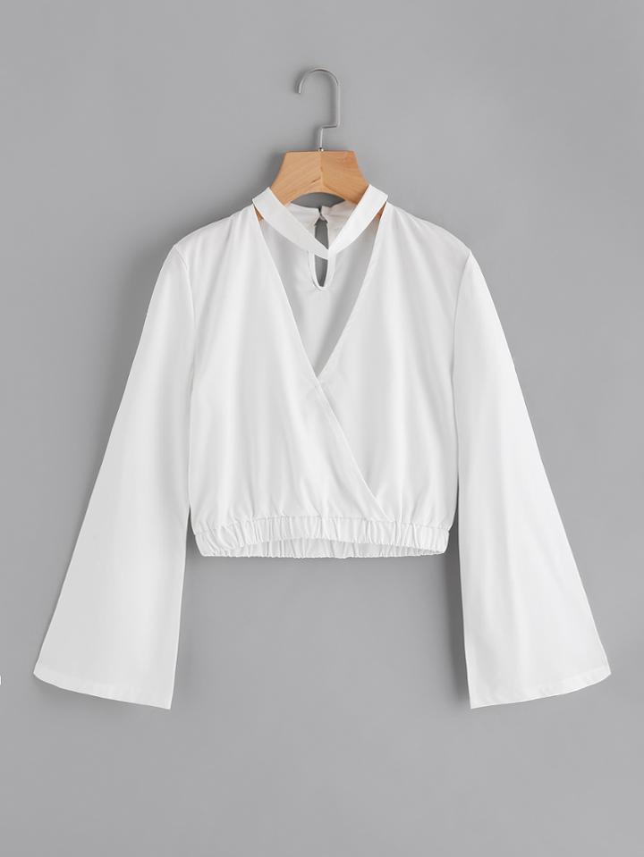 Romwe Bell Sleeve Deep V Neck Wrap Top