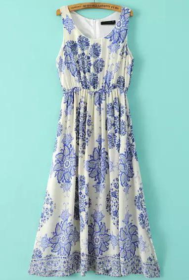 Romwe Apricot Sleeveless Floral Chiffon Maxi Dress
