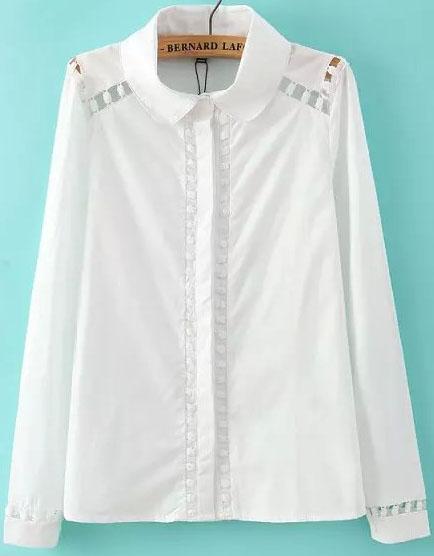 Romwe Lapel Lace Crochet Hollow Slim Blouse
