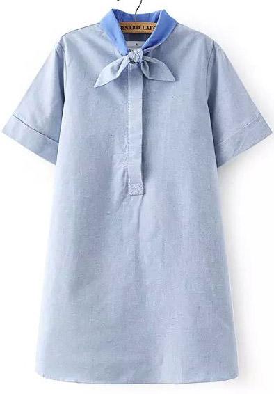 Romwe Blue Bow Collar Short Sleeve Loose Dress