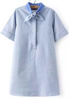 Romwe Blue Bow Collar Short Sleeve Loose Dress