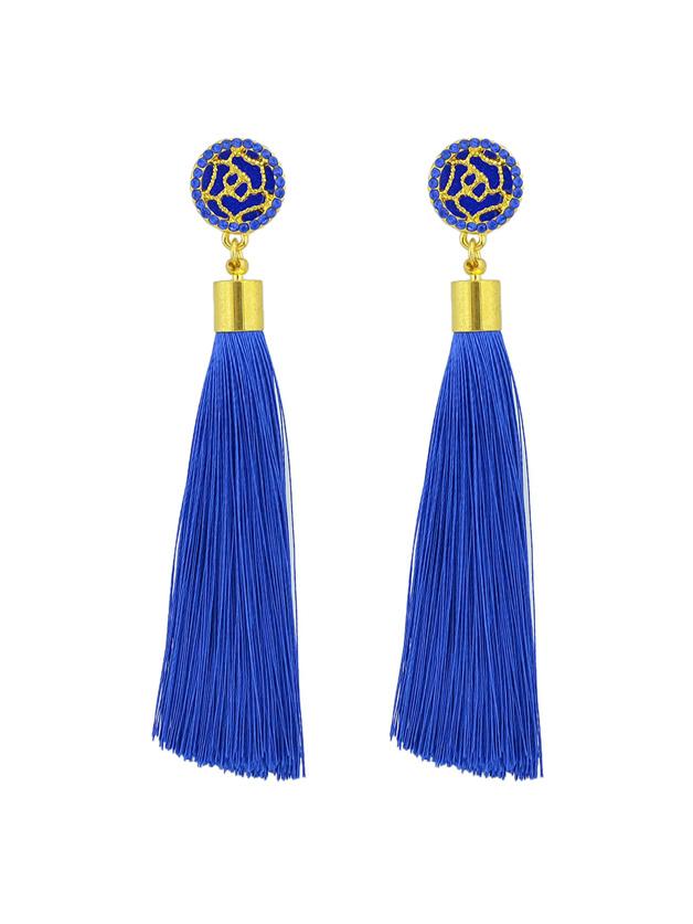 Romwe Blue Ethnic Jewelry Flower Decoration Long Tassel Drop Earrings