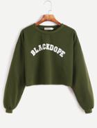 Romwe Army Green Letter Print Drop Shoulder Crop Sweatshirt