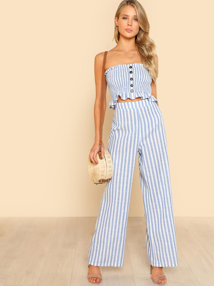 Romwe Shirred Ruffle Hem Strapless Top & Pants Set