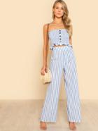 Romwe Shirred Ruffle Hem Strapless Top & Pants Set