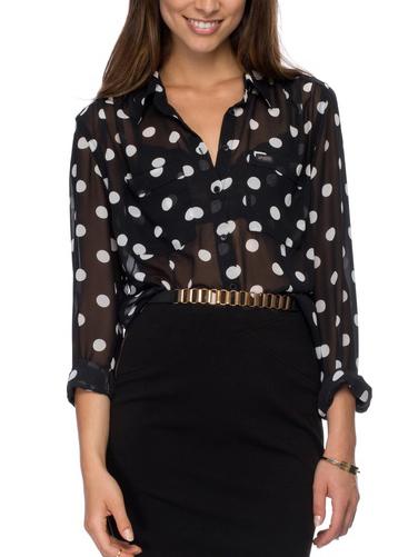 Romwe Women Black Polka Dot Sheer Shirt