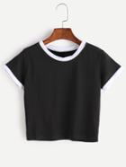 Romwe Black Contrast Trim Crop T-shirt
