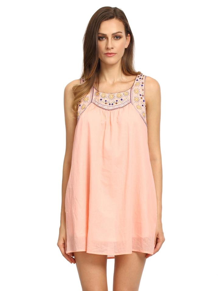 Romwe Pink Poplin Sleeveless Tribal Embroidered Dress