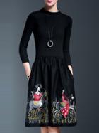 Romwe Black Knit Embroidered Pockets Combo Dress