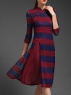 Romwe Burgundy Contrast Navy Collar Lace Dress