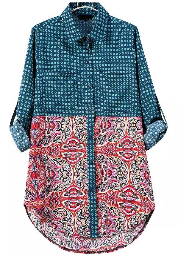 Romwe Blue Lapel Long Sleeve Floral Pockets Blouse