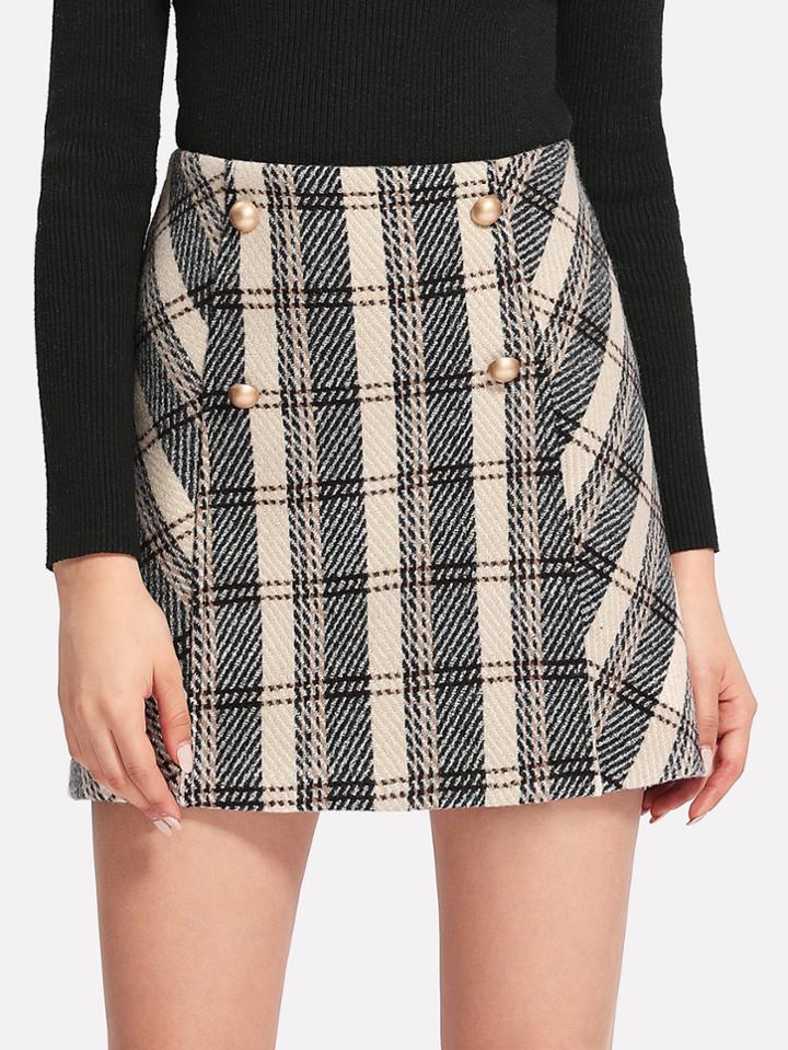 Romwe Double Breasted Zip Up Back Plaid Skirt