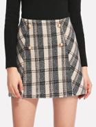 Romwe Double Breasted Zip Up Back Plaid Skirt