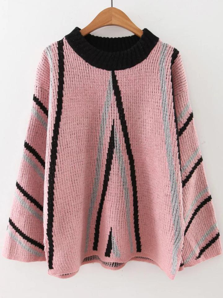 Romwe Pink Striped Crew Neck Side Slit Sweater
