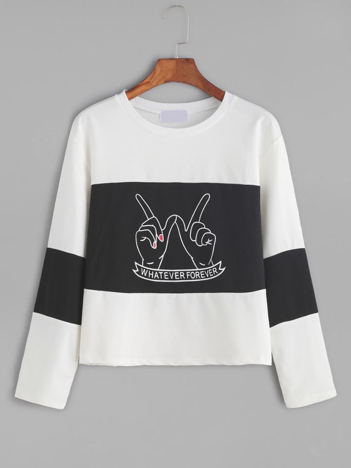 Romwe Color Block Gesture Print T-shirt