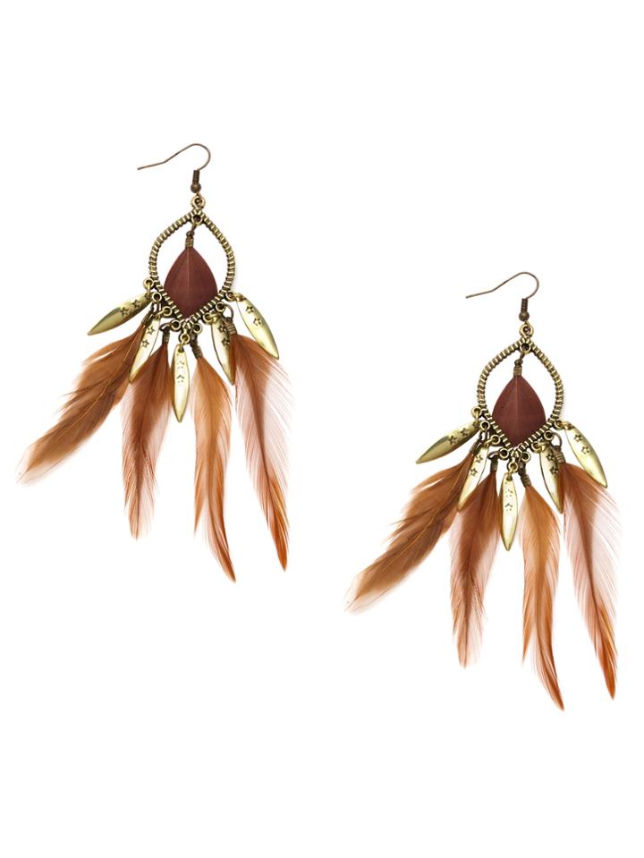 Romwe Antique Gold Feather Fringe Drop Earrings