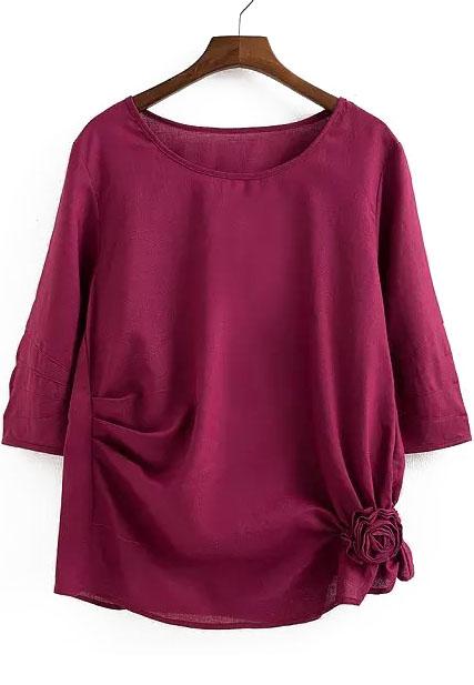 Romwe Round Neck Applique Wine Red Top