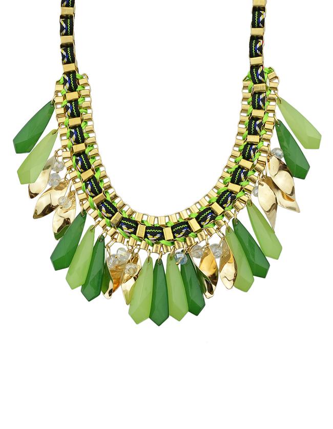 Romwe Green Long Stone Statement Collar Necklace