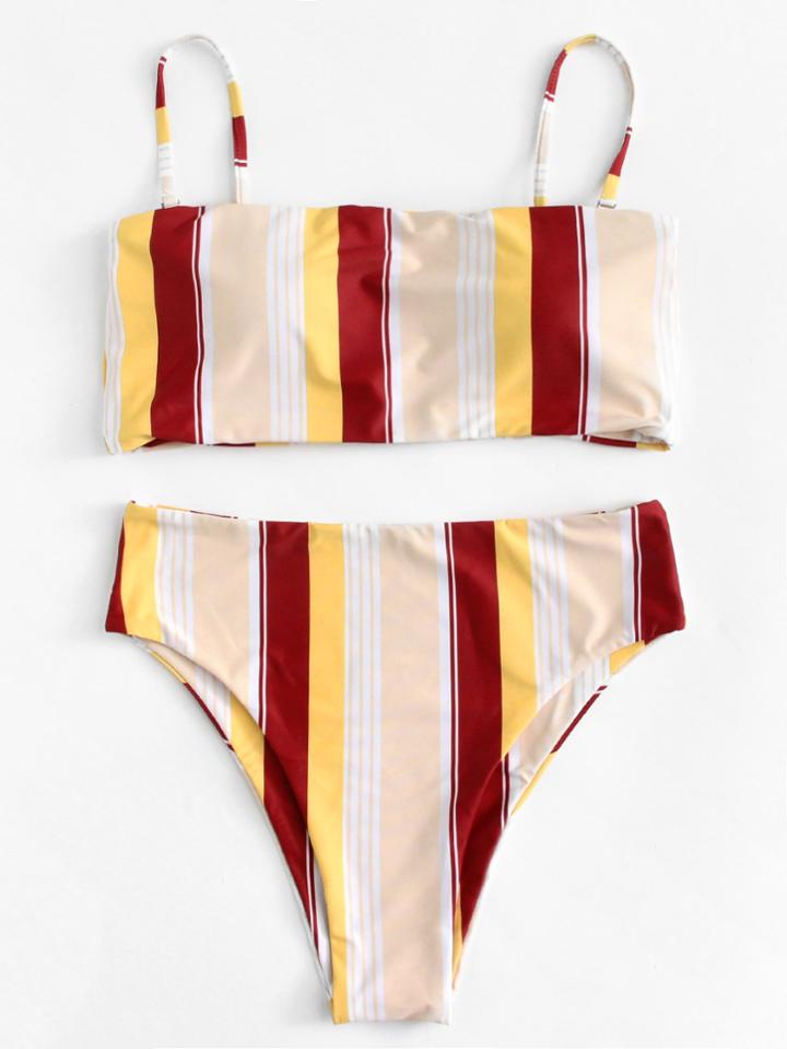 Romwe Striped Adjustable Straps Bikini Set