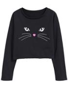 Romwe Cat Embroidery Black Crop Sweatshirt