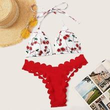 Romwe Random Cherry Print Triangle Top With Scalloped Bikini