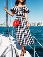 Romwe Black And White Plaid Off The Shoulder Dress