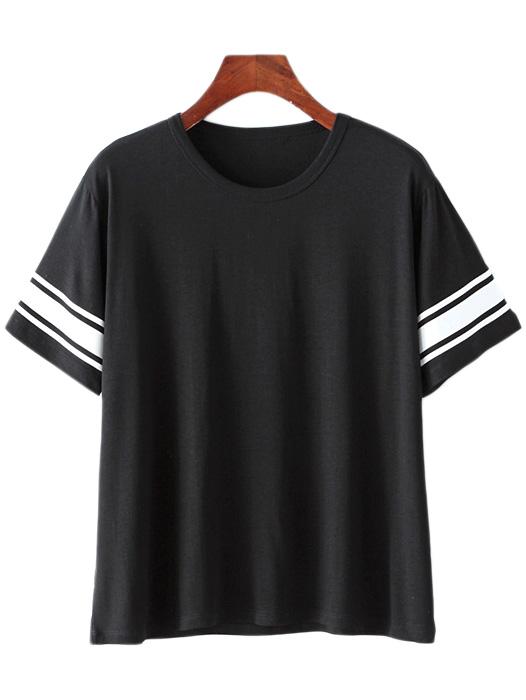Romwe Black Short Sleeve Stripe Casual T-shirt