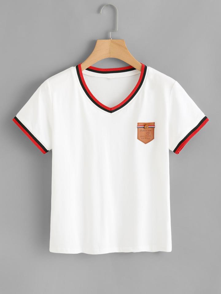 Romwe Striped Trim Patch Detail Tee