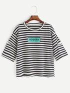 Romwe Letter Print Striped Cut Out Sleeve T-shirt