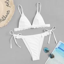 Romwe Scalloped Trim Tie Side Bikini Set