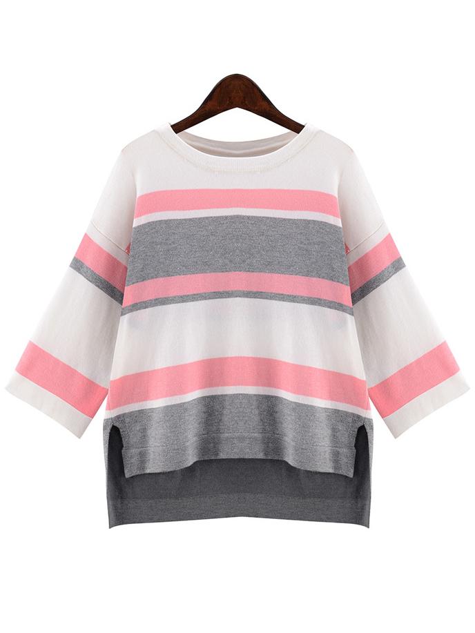 Romwe Dip Hem Striped Pink Sweater
