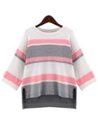 Romwe Dip Hem Striped Pink Sweater