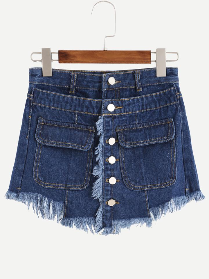 Romwe Blue Button Front Frayed Wrap Denim Shorts