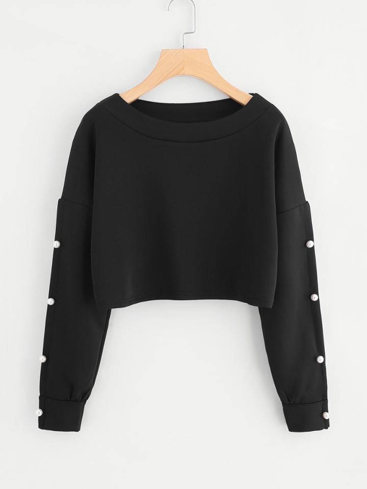 Romwe Drop Shoulder Pearl Beaded Crop Sweatshirt