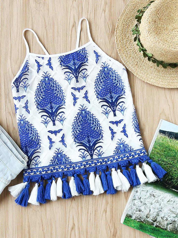 Romwe Printed Tassel Hem Cross Lace Up Back Top