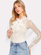 Romwe Sheer Mesh Tie Neck Blouse With Cami Top