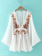 Romwe White Deep V Neck Embroidered Tie Waist Dress