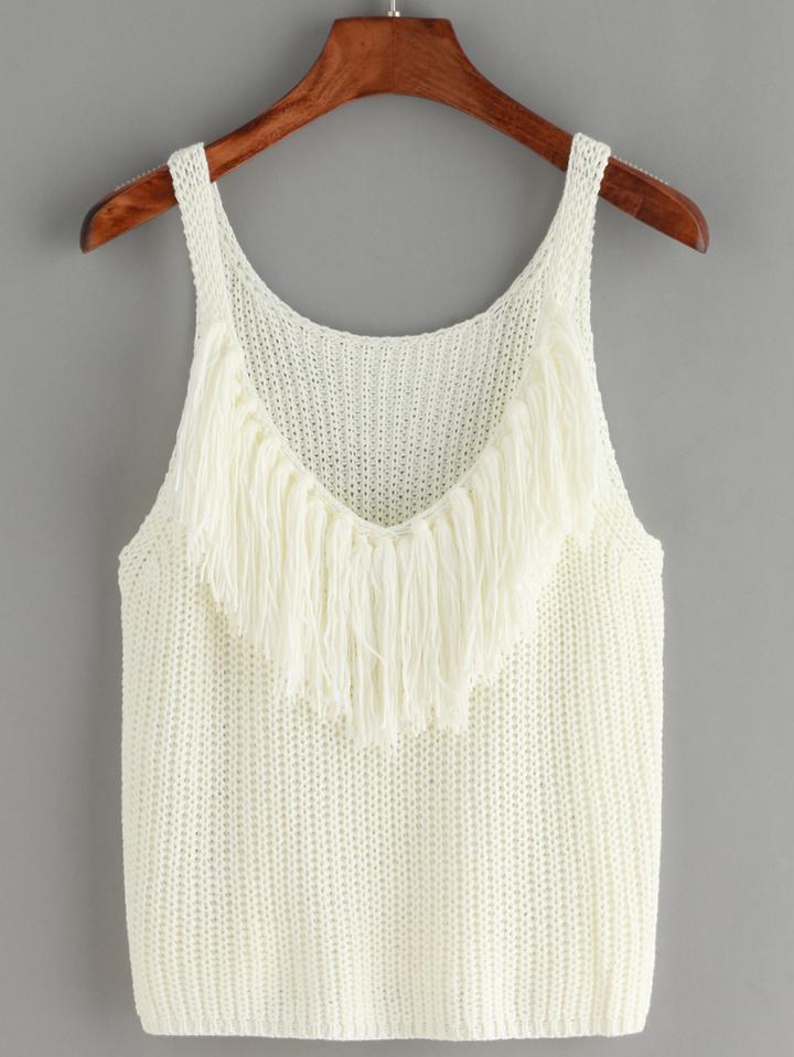 Romwe V Neck Fringe White Tank Top