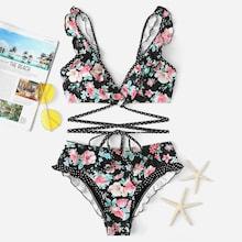 Romwe Random Floral Ruffle Strappy Bikini Set