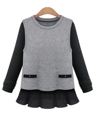 Romwe Heather Grey Contrast Sleeve Ribbed Top With Ruffle Trim