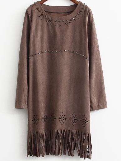 Romwe Round Neck Hollow Tassel Studs Suede Top