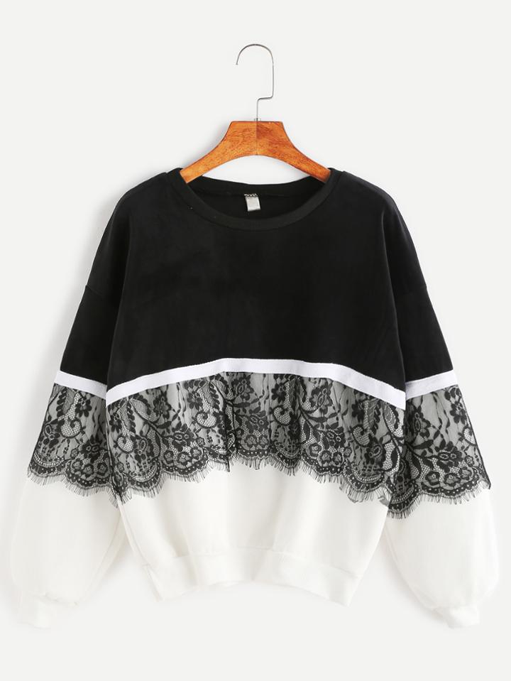Romwe Color Block Contrast Eyelash Lace Velvet Sweatshirt
