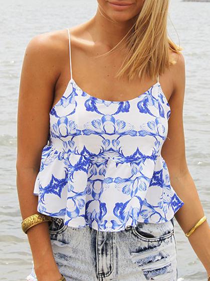 Romwe Spaghetti Strap Ruffle Hem Printed Cami Top
