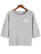 Romwe Cat Print Pocket T-shirt