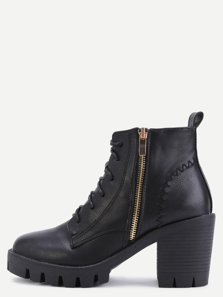 Romwe Black Distressed Pu Lace Up Zipper Chunky Boots